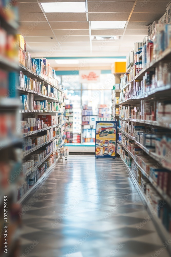 Aisle in a pharmacy filled with various health and wellness products. Aisle in a pharmacy filled with various health and wellness products.