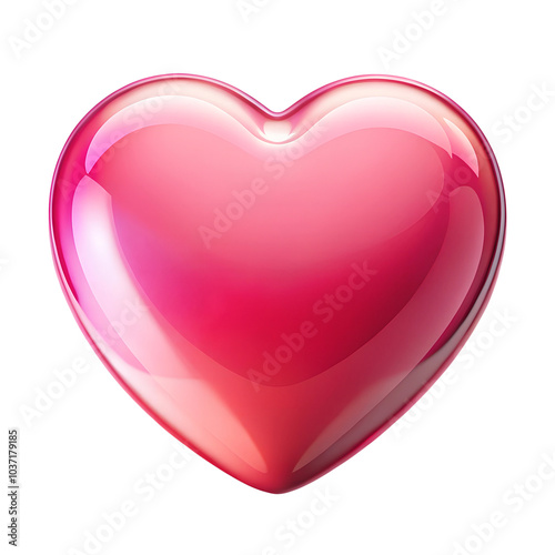 Glossy vibrant pink 3D heart shape with smooth reflective surface, isolated on a clean white background