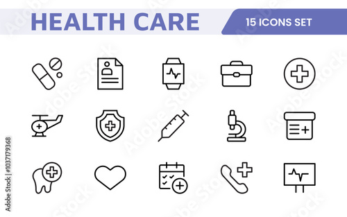 Set of Medical web icons in line style. Medicine and Health Care, RX. Medicine, check up, doctor, dentistry, pharmacy, lab, scientific discovery, collection.