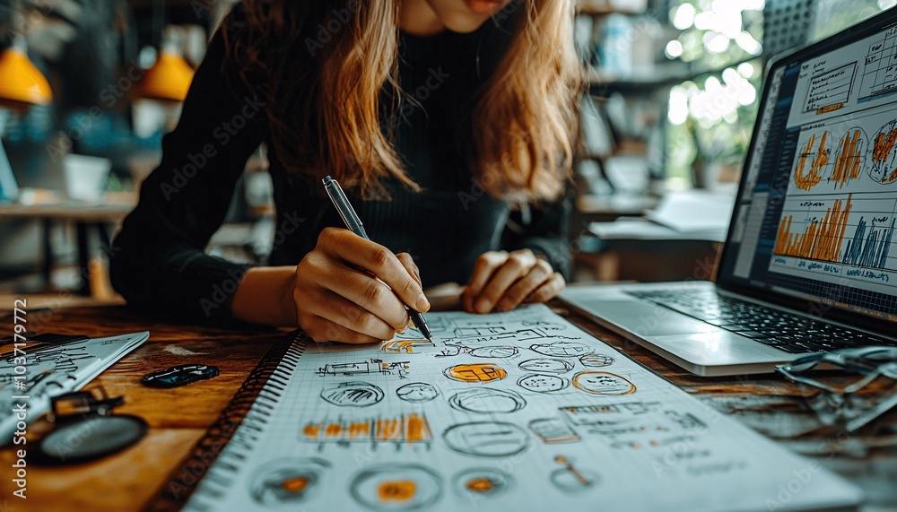 Fototapeta premium Organized Businesswoman Sketching Ideas and Researching Competitors on Laptop