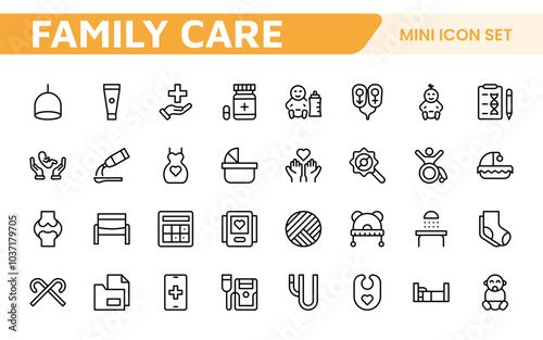Nursing Home and Child Care Icon Set. Compassionate icons for elder care, child safety, and support services, perfect for healthcare apps, brochures, and care center branding.