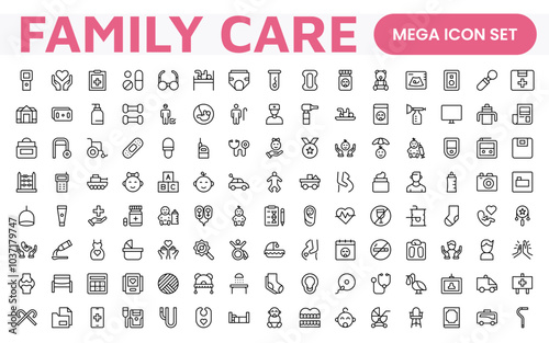Nursing Home and Child Care Icon Set. Compassionate icons for elder care, child safety, and support services, perfect for healthcare apps, brochures, and care center branding.