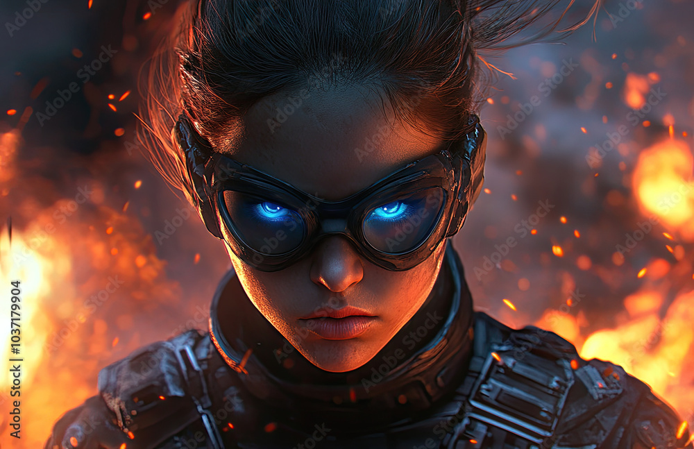 a female wearing sci-fi goggles, with dark brown hair in a ponytail with bangs and blue eyes, wearing futuristic armor a female wearing sci-fi goggles, with dark brown hair in a ponytail with bangs and blue eyes, wearing futuristic armor