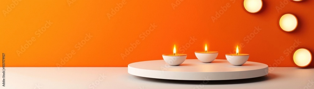 A serene display of three lit candles on a round platform, set against a warm orange background, creating a peaceful and inviting atmosphere. A serene display of three lit candles on a round platform, set against a warm orange background, creating a peaceful and inviting atmosphere.