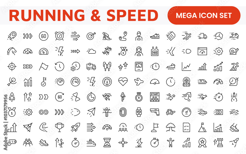 Running & Speed Icon Set. Dynamic icons capturing the essence of motion, sprinting, and velocity for fitness apps, sports branding, and training materials. Running & Speed Icon Set. Dynamic icons capturing the essence of motion, sprinting, and velocity for fitness apps, sports branding, and training materials.