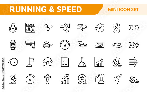 Running & Speed Icon Set. Dynamic icons capturing the essence of motion, sprinting, and velocity for fitness apps, sports branding, and training materials.