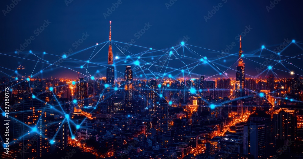 Fototapeta premium Futuristic Cityscape with Digital Network Connection Lines