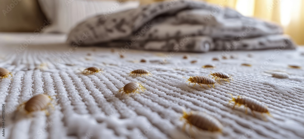 Widespread bed bug infestation in a hotel room. AI generated illustration. Widespread bed bug infestation in a hotel room. AI generated illustration.