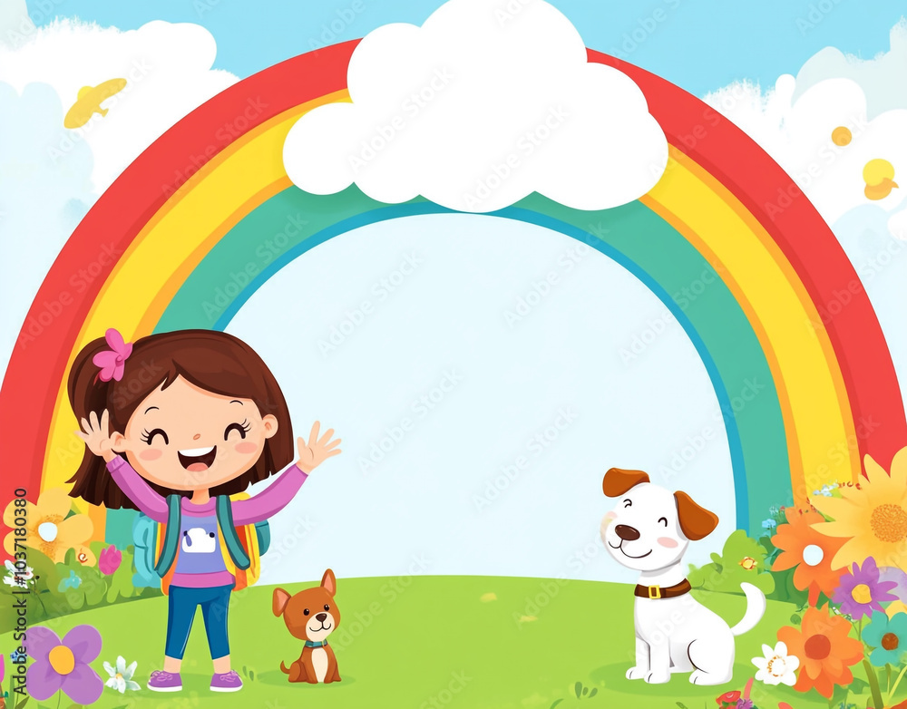 Little girl with a white dog and a rainbow cartoon frame background.
Little girl with a white dog and a rainbow cartoon frame background.