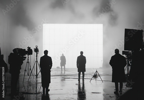 Silhouetted Figures in Mysterious Studio Setup with Dramatic Lighting photo