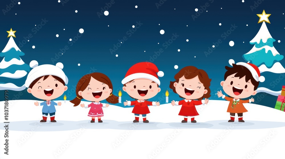 Happy Kids Singing Christmas Carols in the Snow Happy Kids Singing Christmas Carols in the Snow