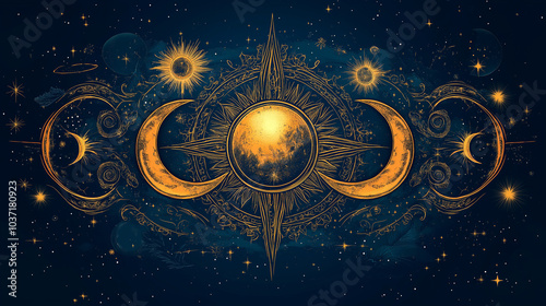 A celestial design featuring a large sun surrounded by three crescent moons with stars and planets in the background.