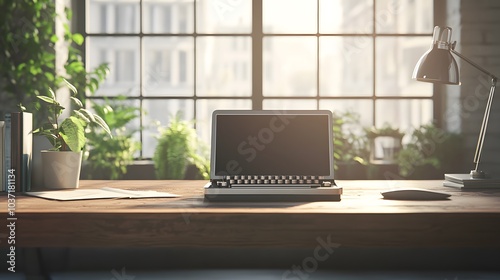 A modern workspace with a vintage typewriter placed beside a laptop creating a juxtaposition of old and new technology