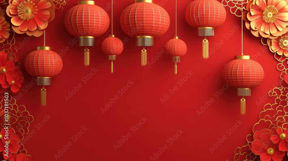 Festive red lanterns and vibrant flowers create joyful Spring Festival background, perfect for celebrations and cultural events Festive red lanterns and vibrant flowers create joyful Spring Festival background, perfect for celebrations and cultural events