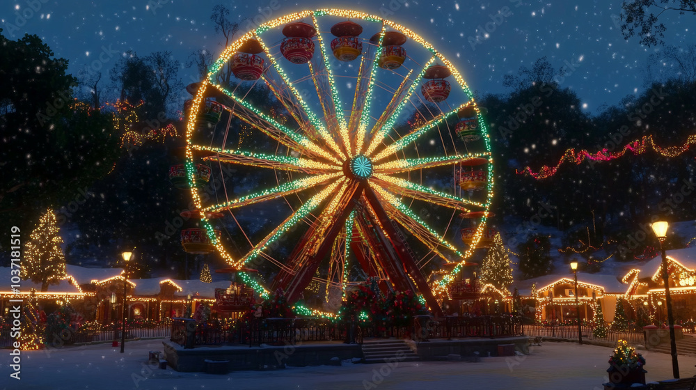 beautifully illuminated Christmas themed Ferris wheel stands amidst snowy landscape, surrounded by festive decorations and twinkling lights, creating magical holiday atmosphere beautifully illuminated Christmas themed Ferris wheel stands amidst snowy landscape, surrounded by festive decorations and twinkling lights, creating magical holiday atmosphere