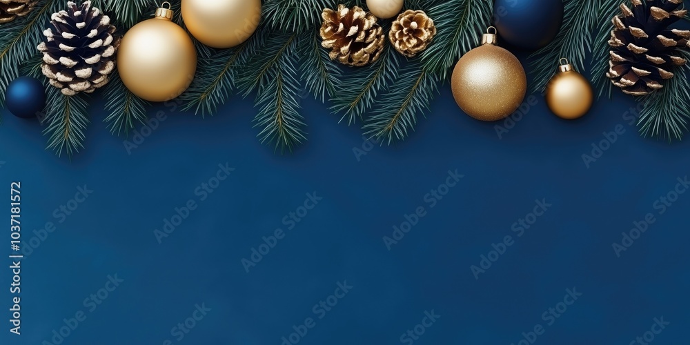 Elegant Christmas Ornaments and Pinecones on Dark Blue Background for Holiday Decor Elegant Christmas Ornaments and Pinecones on Dark Blue Background for Holiday Decor
