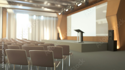 Executive presentation hall with a soft blur effect, capturing the importance of keynote speeches and corporate leadership events.