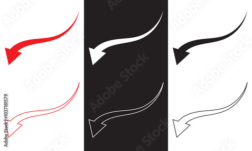 Red, black and white large forward or pointing solid long arrow icon sketched as vector symbol . Vector illustration isolated on white and black background. 