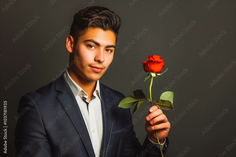Handsome young Latino man in decent suit holding a stem of fresh red rose as a gift for his girlfriend, copy space, concept of propose, Valentine's Day Handsome young Latino man in decent suit holding a stem of fresh red rose as a gift for his girlfriend, copy space, concept of propose, Valentine's Day
