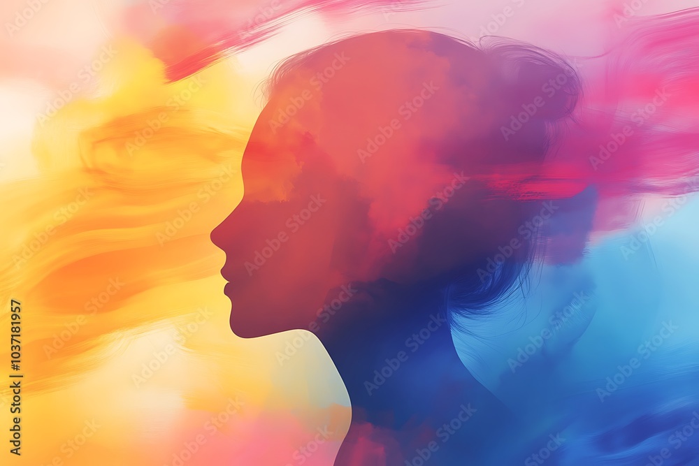 A silhouette of a woman surrounded by vibrant hues of pink, yellow, and blue, symbolizing emotions, energy, and the balance of creativity and expression.