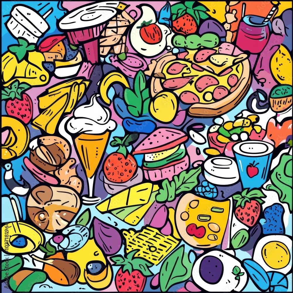 This artwork showcases fun doodles of diverse foods like pizza, ice cream, fruits, and drinks, all in a bright, colorful arrangement. Generative AI