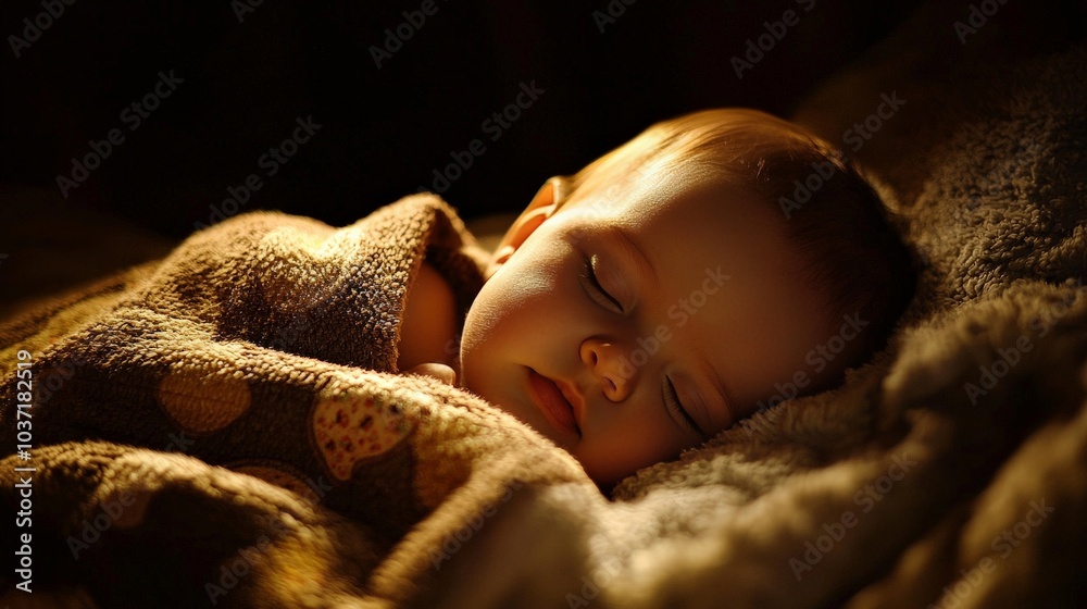 Sleeping Baby in a crib, illuminated by soft, clear lighting, showing the baby peacefully resting under a cozy blanket Sleeping Baby in a crib, illuminated by soft, clear lighting, showing the baby peacefully resting under a cozy blanket