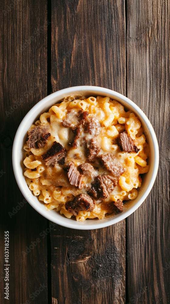 Bowl of macaroni and cheese topped with pulled pork is sitting on a rustic wooden table Bowl of macaroni and cheese topped with pulled pork is sitting on a rustic wooden table