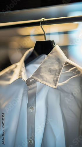 Front view of a crisp white shirt elegantly displayed on a hanger in a modern setting