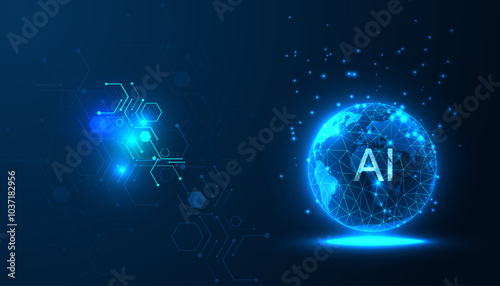 Blue background with glowing globe, globe in futuristic technology