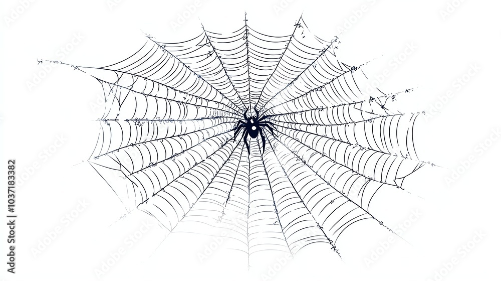 Obraz premium A detailed black and white illustration of a spider web with a spider in the center. The web is intricate and detailed, and the spider is realistic.