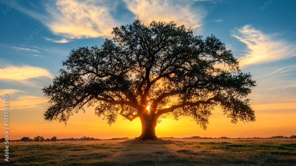 A rustic landscape with an old oak tree at sunset, providing a beautiful silhouette against the sky. A rustic landscape with an old oak tree at sunset, providing a beautiful silhouette against the sky.