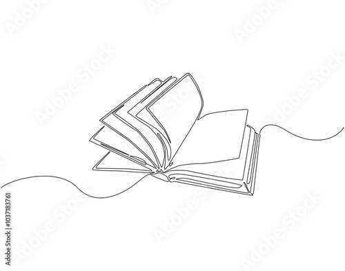 Continuous one line drawing of opened book. One line drawing illustration of world book day. Education and knowledge concept line art. Editable outline