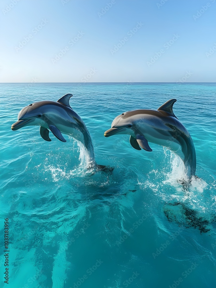 Fototapeta premium Two playful dolphins leap joyfully from the crystal-clear turquoise waters, creating a mesmerizing spectacle under the clear blue sky.