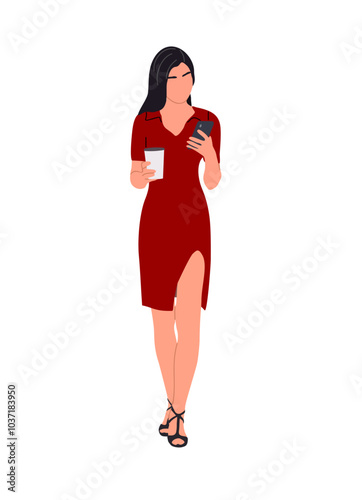 Young Business woman standing with phone and coffee cup. Realistic vector illustration of pretty cartoon girl in office dress. Attractive female character isolated on transparent background.