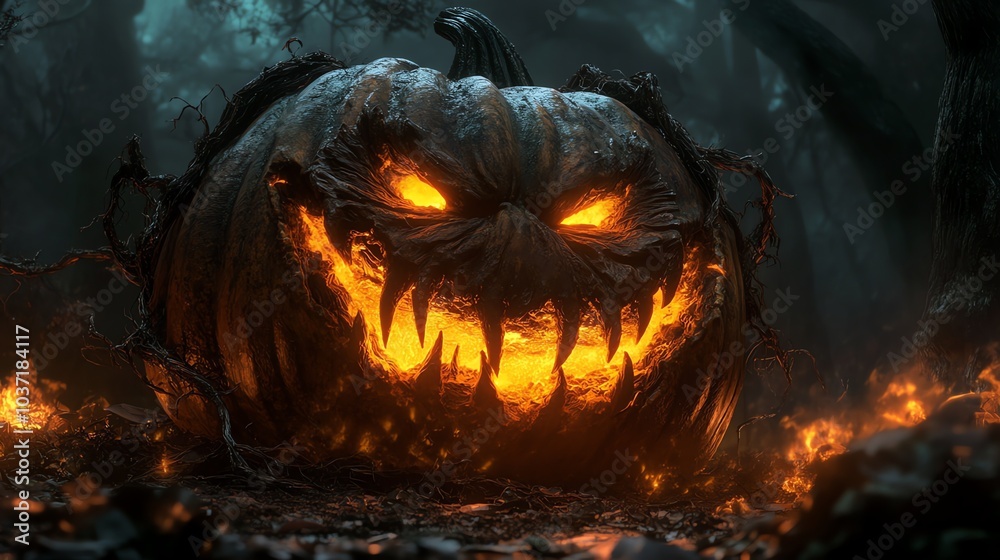 A menacing jack-o'-lantern with glowing eyes and a sinister grin lurks in a dark and misty forest. A menacing jack-o'-lantern with glowing eyes and a sinister grin lurks in a dark and misty forest.
