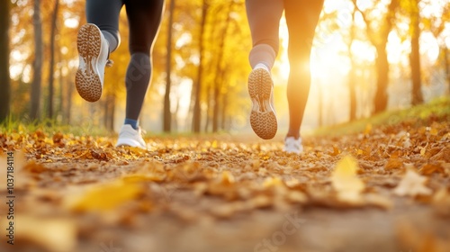 Two joggers running side by side, surrounded by nature, the dirt path stretching ahead, with sunlight filtering through, very realisti photo