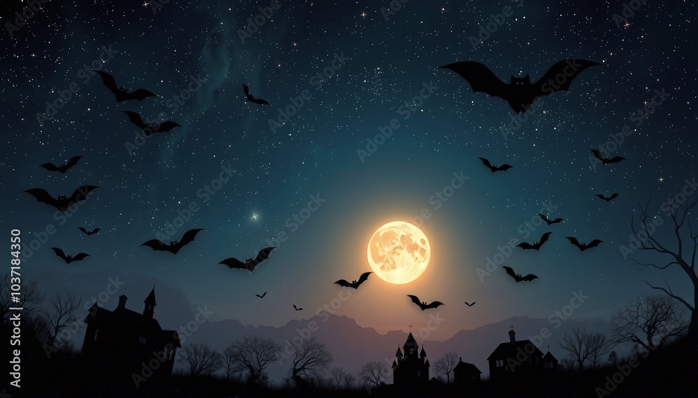 Halloween Night, Spooky House, Full Moon Bats Halloween Night, Spooky House, Full Moon Bats