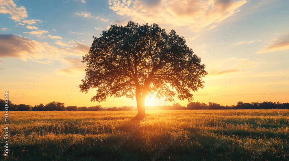 Fototapeta premium A rustic landscape with an old oak tree at sunset, providing a beautiful silhouette against the sky.