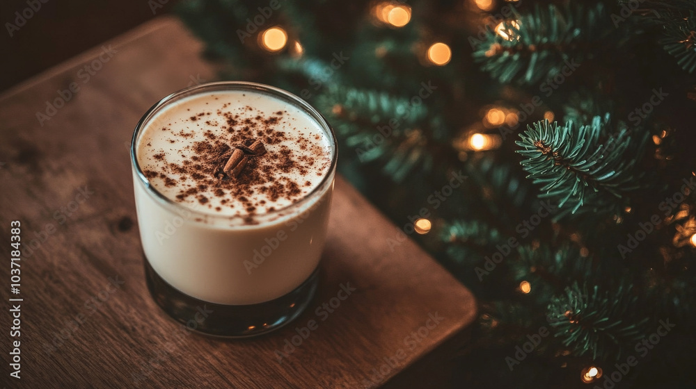 close up of glass of eggnog topped with cinnamon, set against backdrop of festive lights and greenery, evokes warm, cozy holiday atmosphere