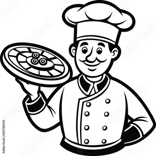 A cartoon illustration of a chef holding a pizza on white background