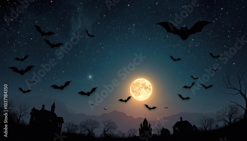 Halloween Night, Spooky House, Full Moon Bats