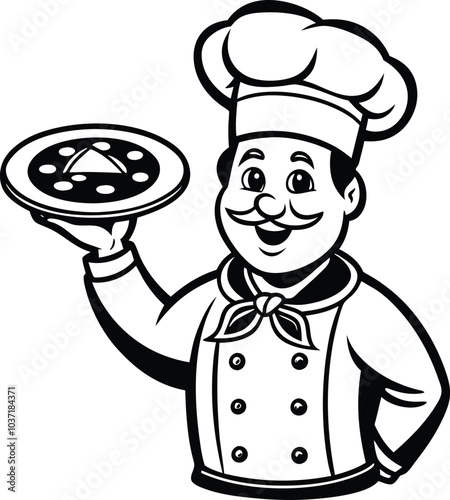 A cartoon illustration of a chef holding a pizza on white background