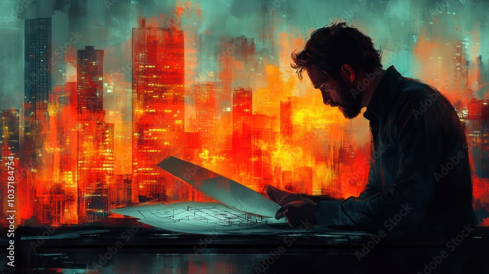 A man studies blueprints against a backdrop of a fiery cityscape. A man studies blueprints against a backdrop of a fiery cityscape.