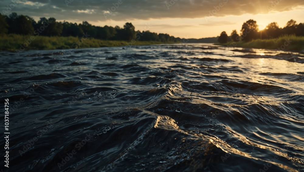 Obraz premium A river flows towards the viewer as the sun sets behind trees on the horizon.