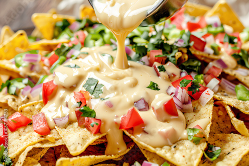 Plate of nachos with a creamy sauce poured over them
