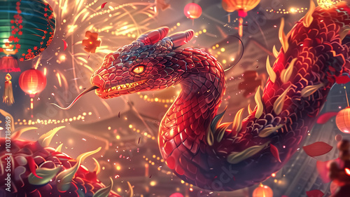 Festival card showcasing a vibrant snake in bold red and gold, s photo