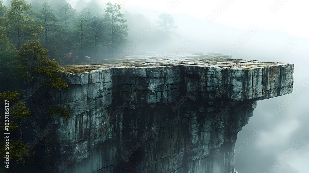 Obraz premium A stunning aerial view of a fog-covered cliff, showcasing jagged rock formations and lush green trees, evoking a sense of awe and tranquility.