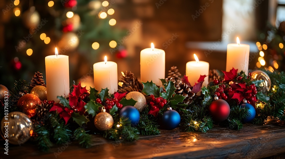 Christmas Candles, Ornaments, and Greenery on a Wooden Table