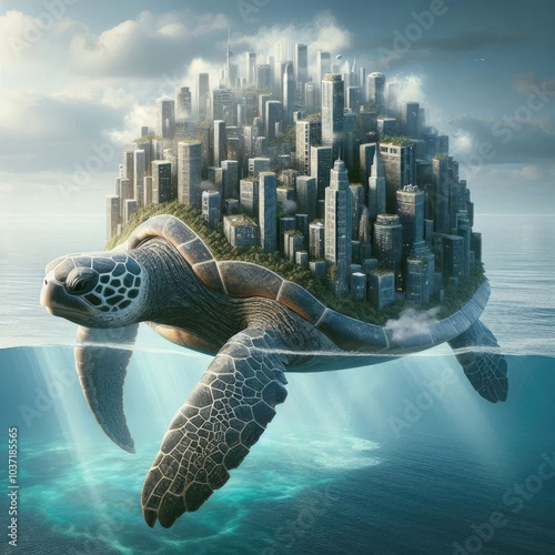 Majestic Sea Turtle City: A Surreal Urban Metropolis Built on a Giant Turtle's Back, Blending Nature and Architecture in a Stunning 8K Hyper-Realistic Oceanic Landscape photo