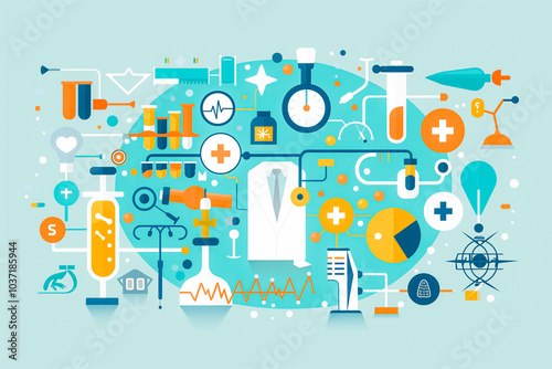 Wallpaper Mural Healthcare and technology concept with flat icons and symbols. Template design for health care business, innovation medicine, science background, medical research. illustration Torontodigital.ca